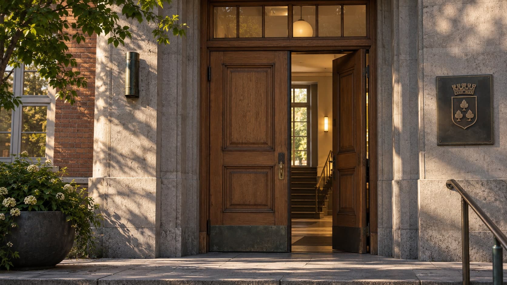 The entrance of a town hall, one oak door standing open towards a lit stairwell.