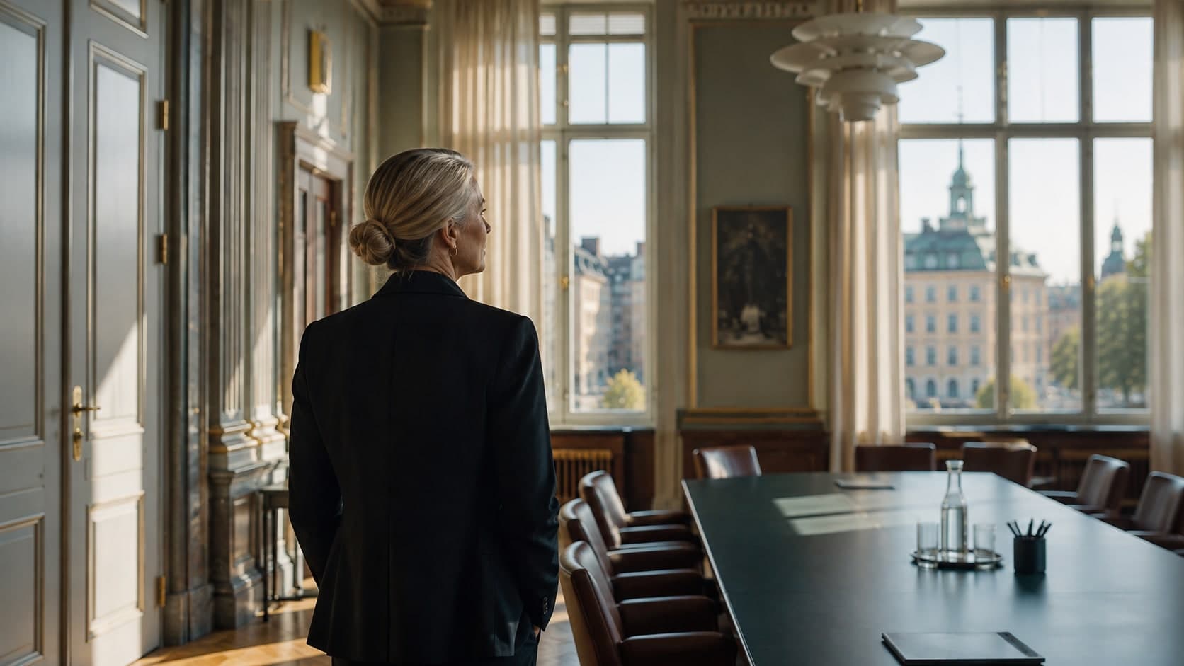 A woman stands in a meeting room of an older civic building, looking out over the city.