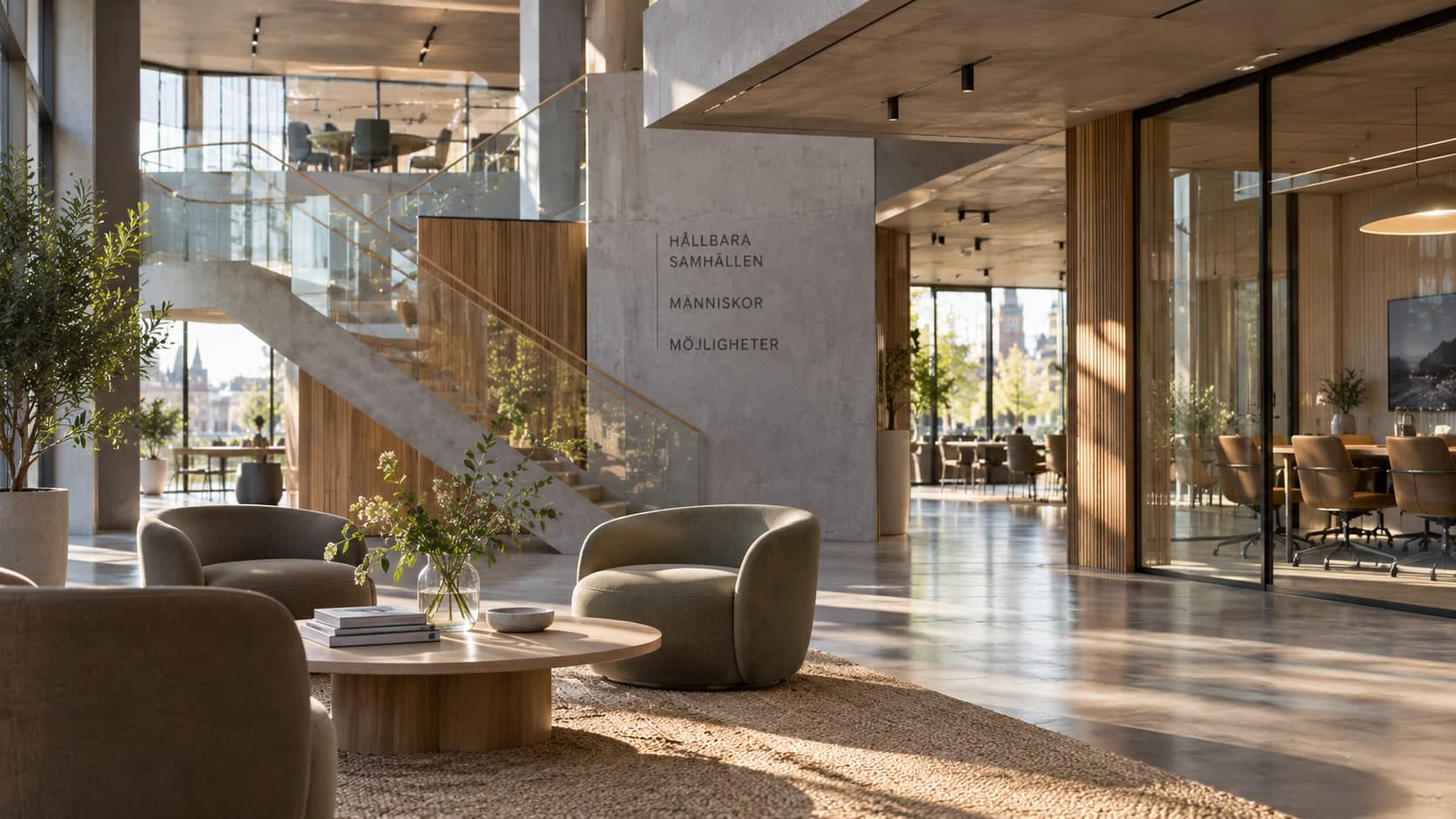 A bright entrance hall in timber and concrete, with seating, greenery and meeting rooms.