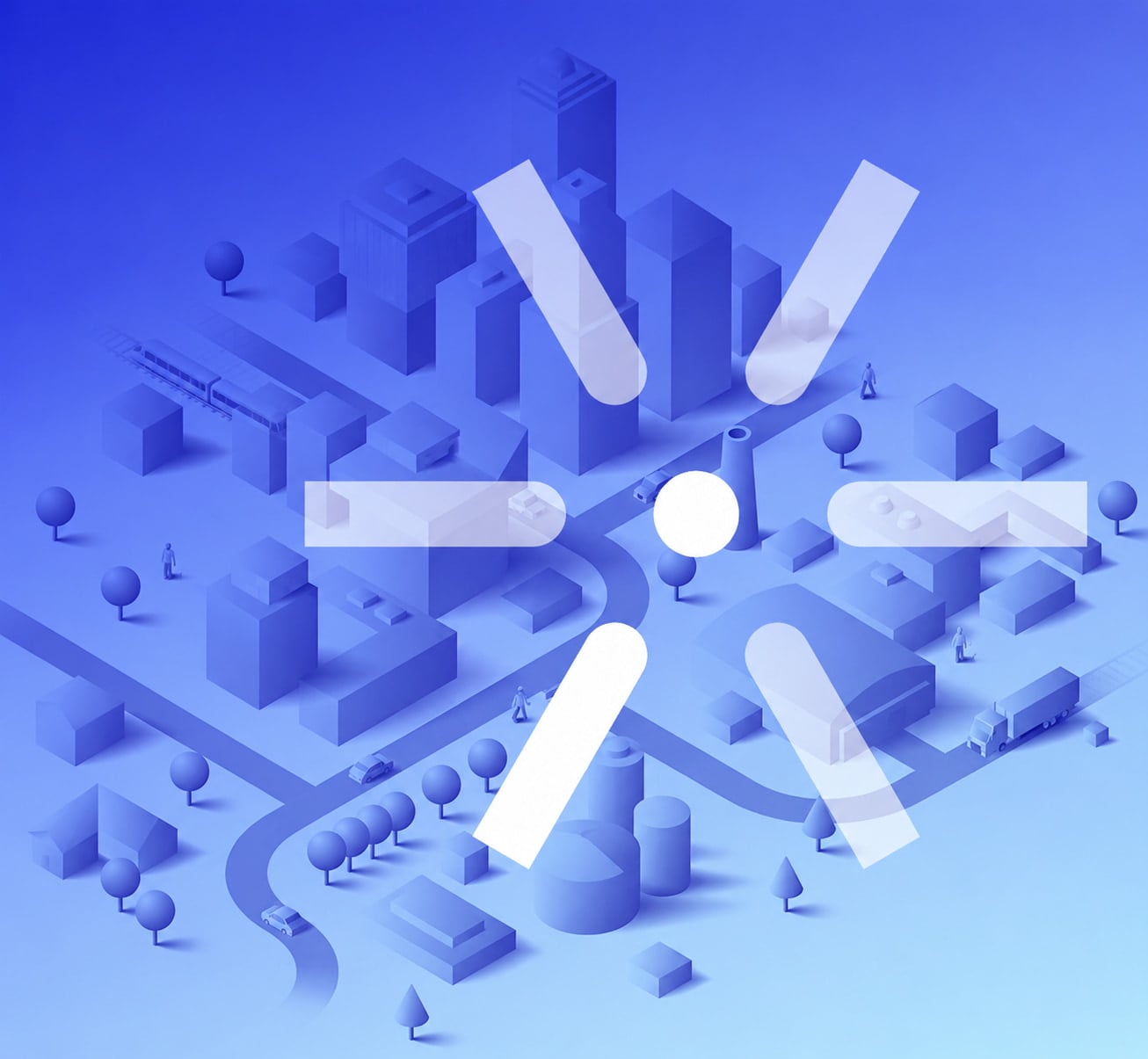 The iSociety mark over an abstract view of the built society: housing, roads, industry and energy.