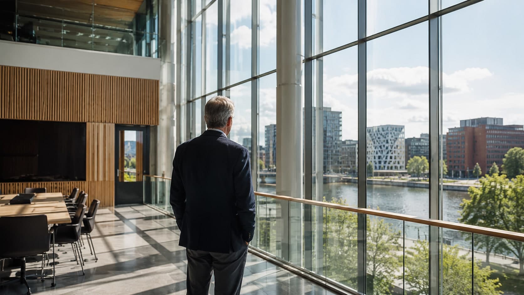 En erfaren ledare står vid ett högt glasparti och ser ut över vattnet och staden.