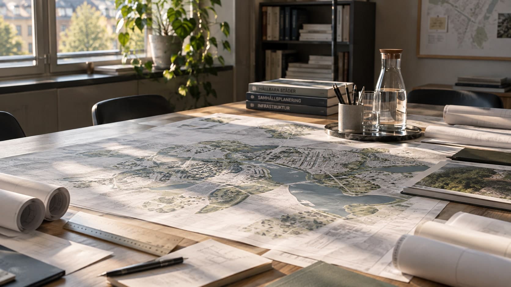 A comprehensive plan spread across a work table, with drawing rolls, a scale ruler and books on urban planning.
