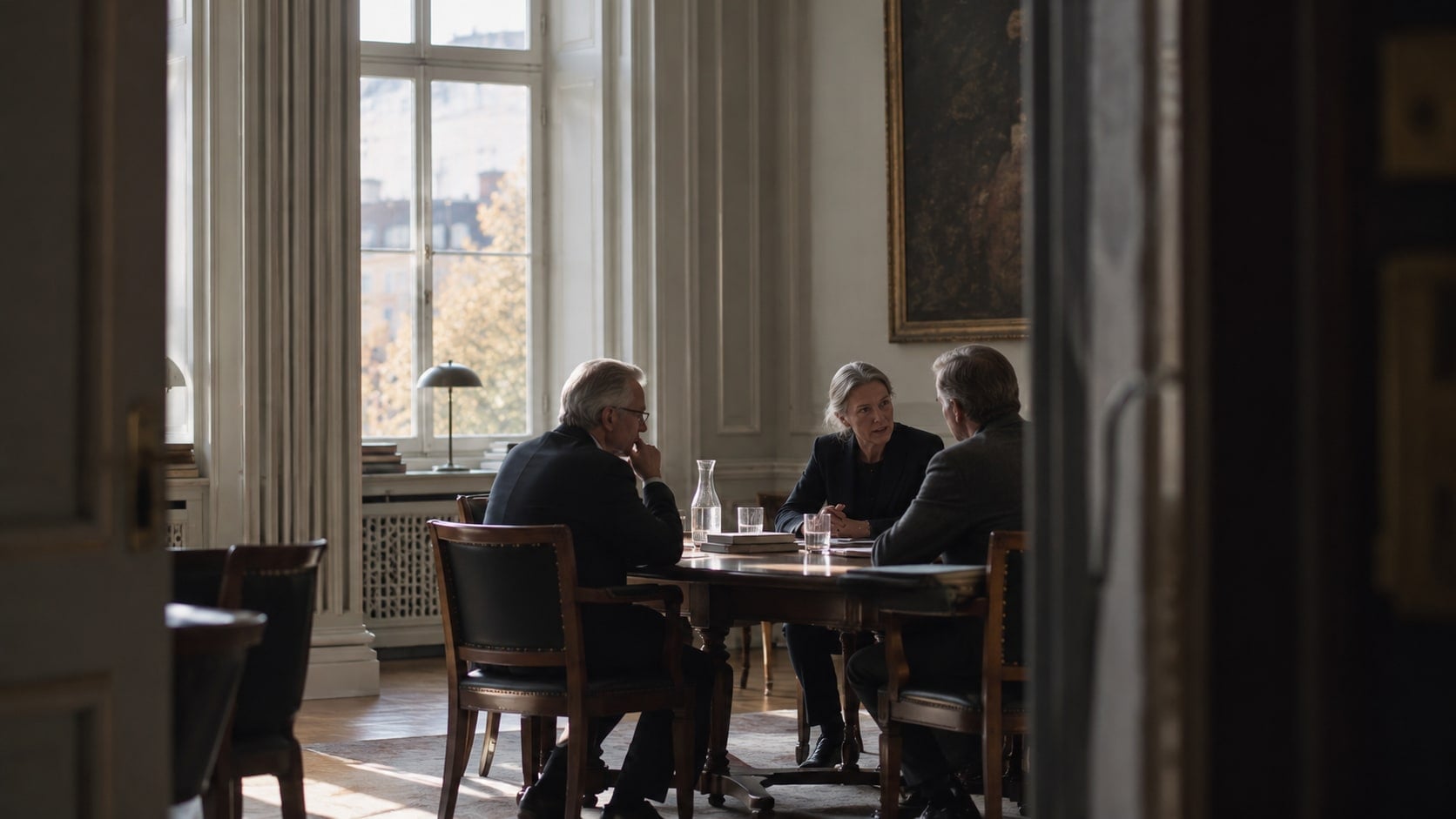 Three people in conversation at a table, seen from a distance through a doorway.