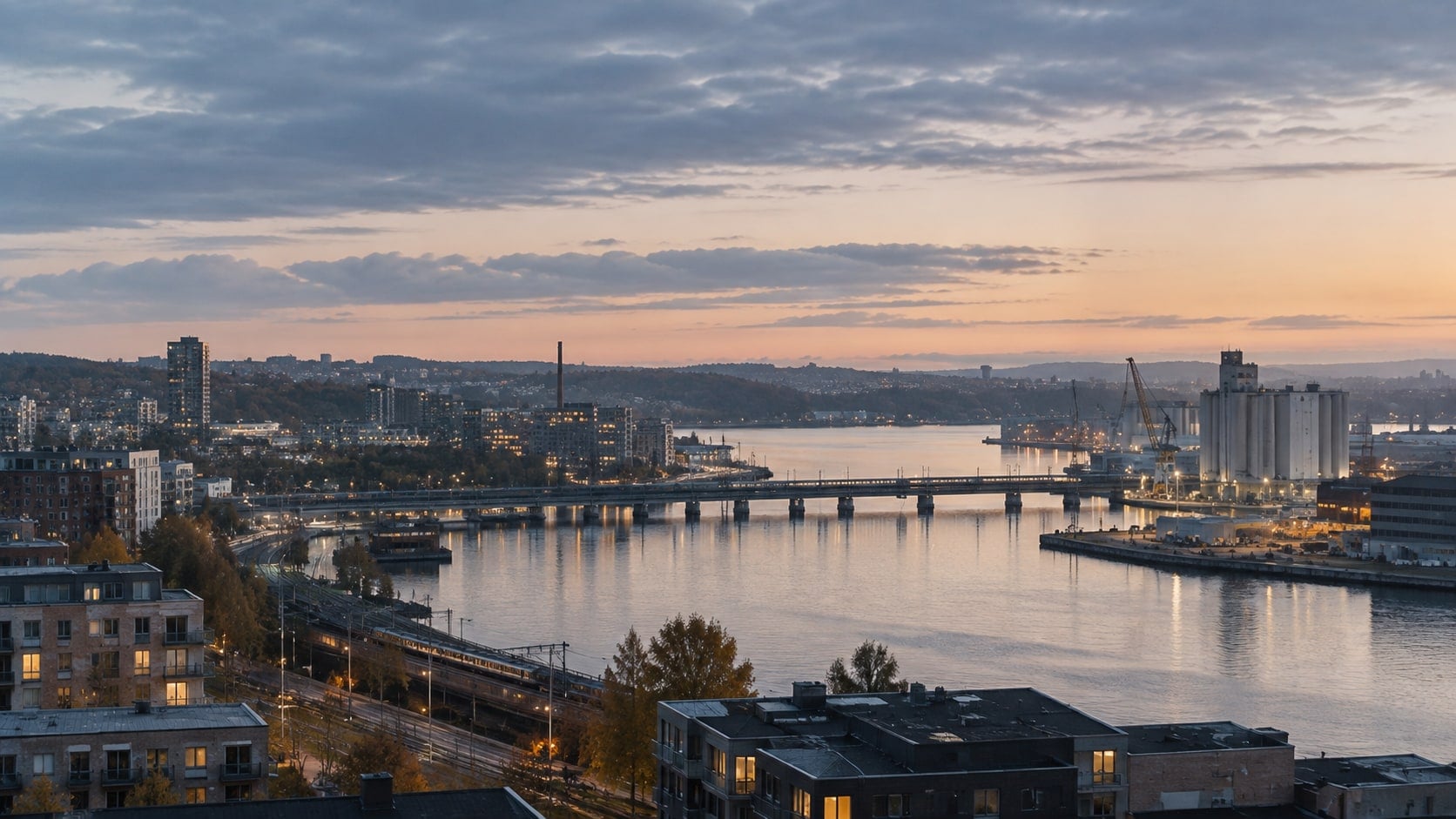 Utsikt över stad, hamn, bro och järnväg i skymningsljus.