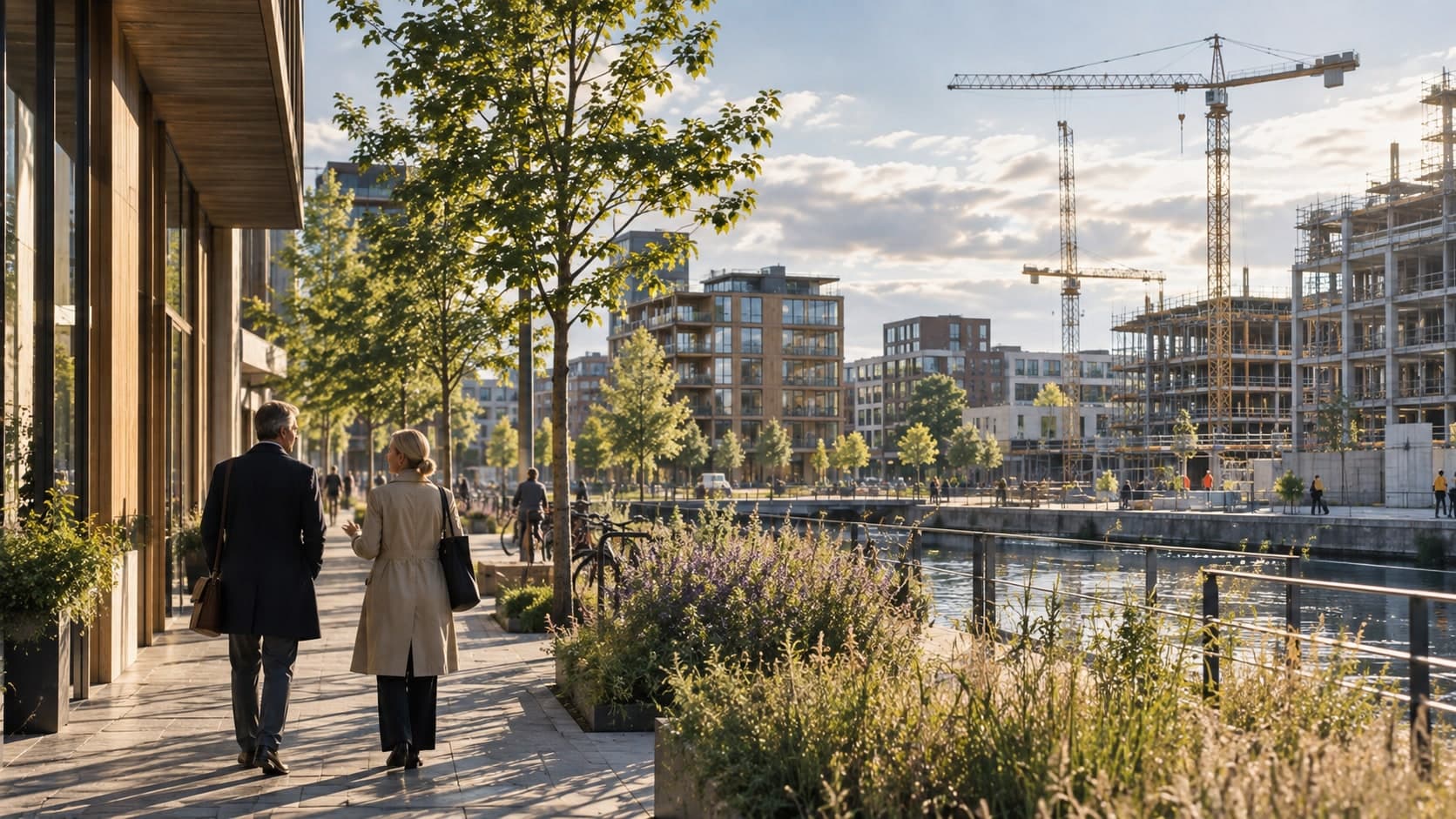 Two people in conversation, walking along the quay of a new urban district with construction cranes behind them.
