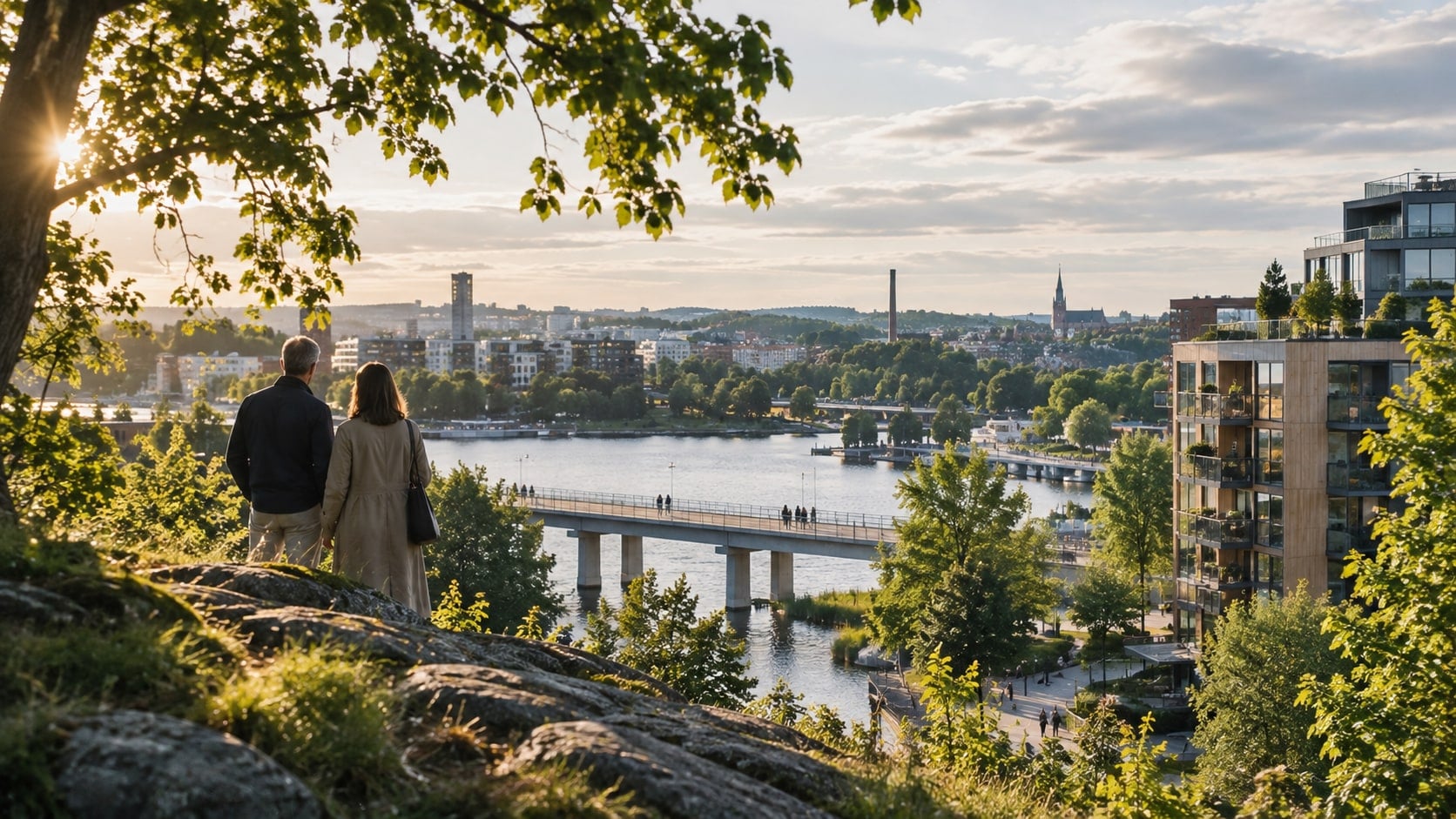 Two people look out over a Swedish waterside town, with a bridge, housing and greenery in evening light.