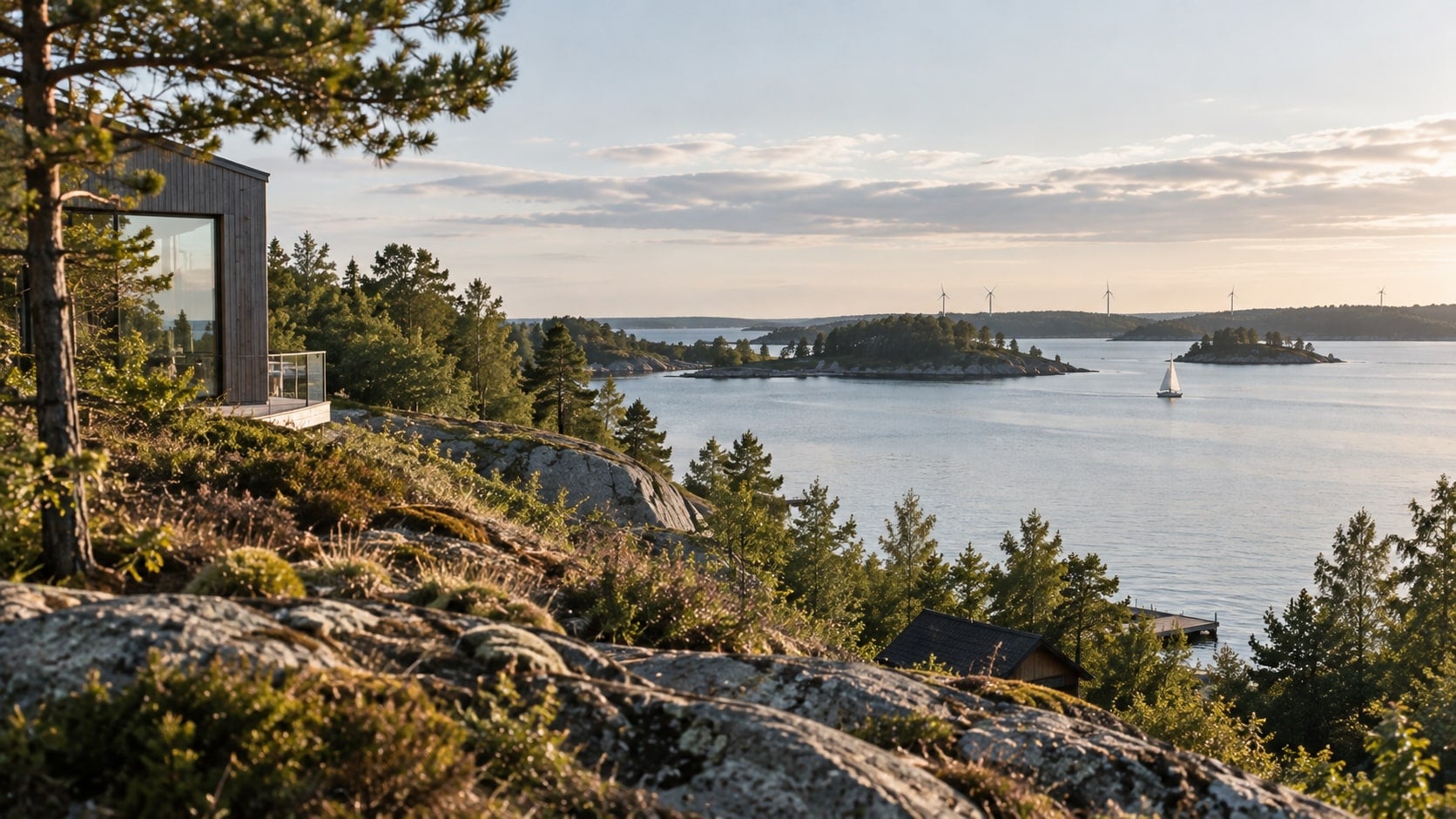 Utsikt från en berghäll över skärgården, med tallar, segelbåt och vindkraftverk vid horisonten.