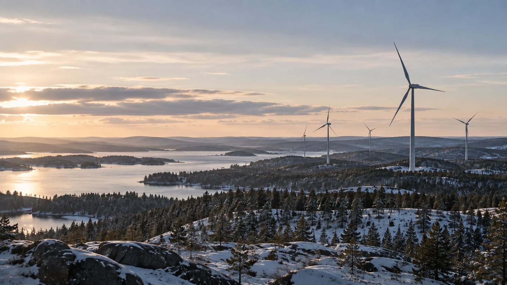 Wind turbines on forested hills by the coast.